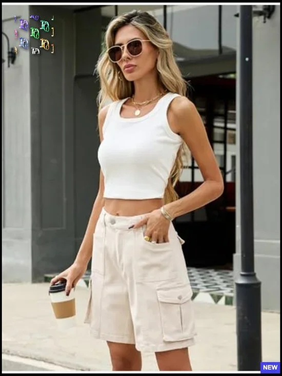 High Waisted Cargo Shorts Elastic Waist Bermuda Style Y2K Casual Summer - Picture 4 of 6